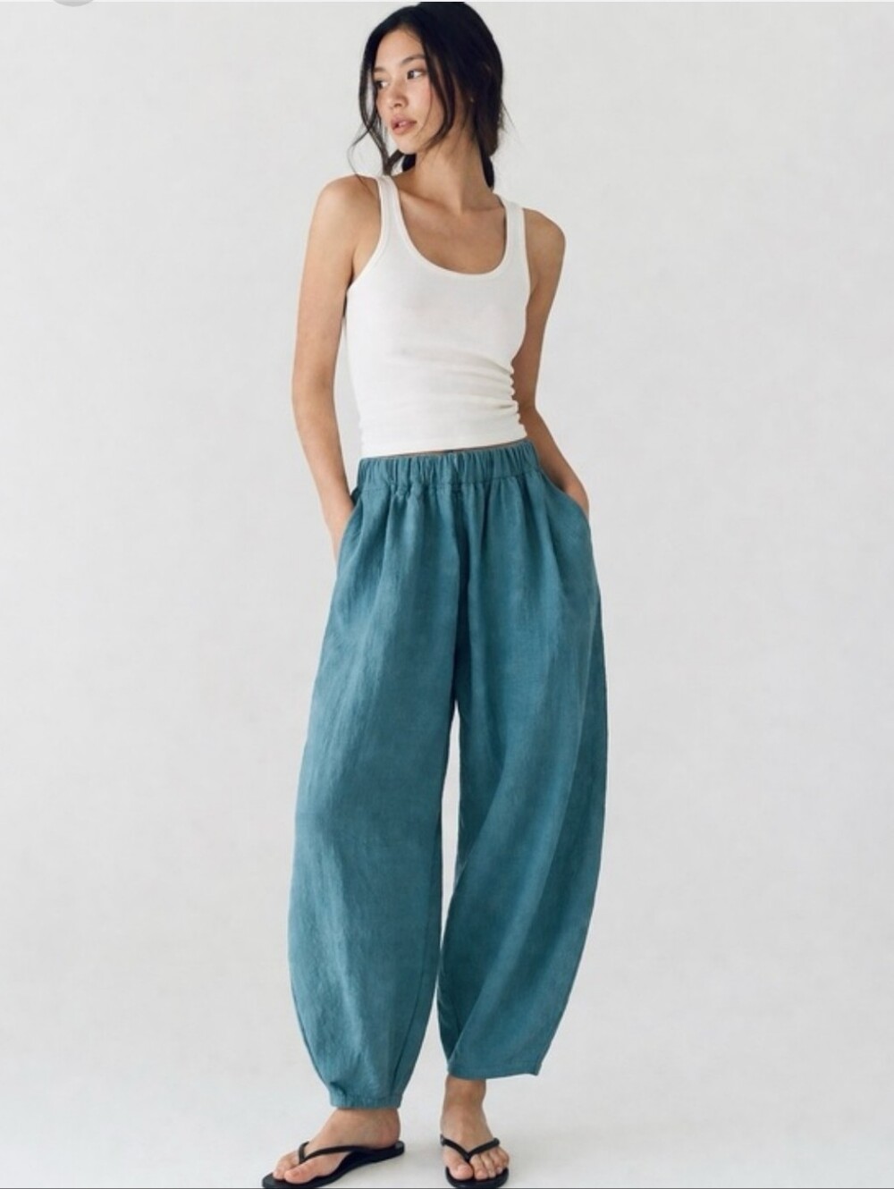 IXIMO Linen Blend Barrel Pants XL Blue Tapered Crinkle Slouchy Ballon Lagenlook